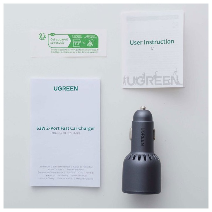 Chargeur voiture - UGREEN - 1 USB-C + 1 USB-A - 63W - Gris Chargeur voiture - UGREEN - 1 USB-C + 1 USB-A - 63W - Gris