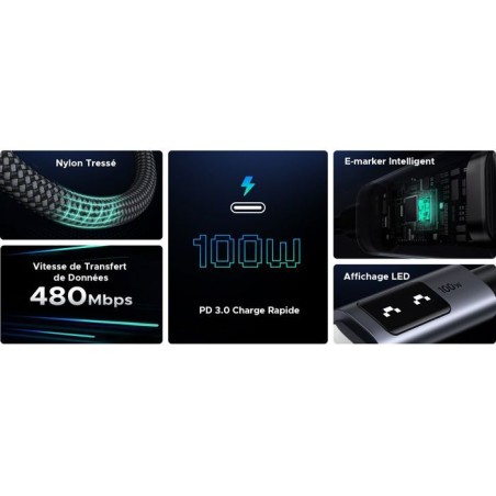 Câble data USB-C vers USB-C - UGREEN - PD 100W - Nylon - 1 m - Noir