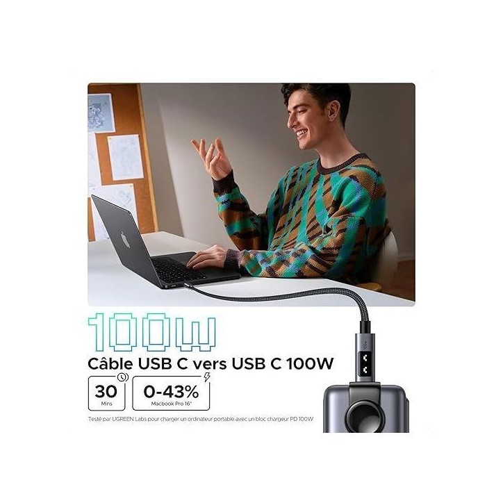 Câble USB-C - UGREEN - Câble data USB-C a USB-C PD 100W - Nylon tressé - 2 m - Noir Câble USB-C - UGREEN - Câble data USB-C a USB-C PD 100W - Nylon tressé - 2 m - Noir