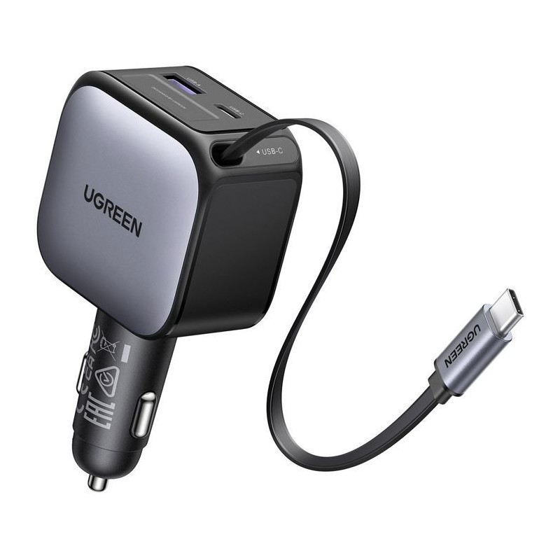 Chargeur voiture - UGREEN - 90W - USB-A et USB-C - Rétractable - Noir