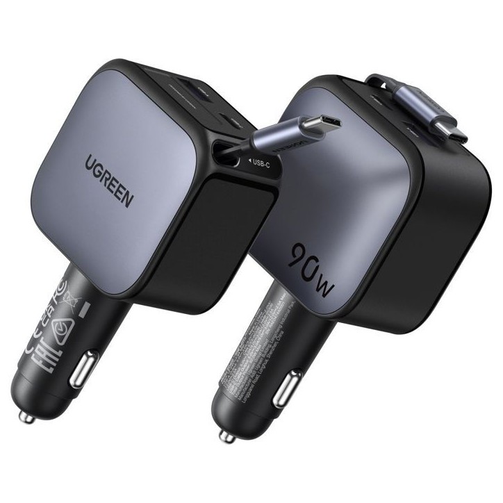Chargeur voiture - UGREEN - 90W - USB-A et USB-C - Rétractable - Noir Chargeur voiture - UGREEN - 90W - USB-A et USB-C - Rétractable - Noir
