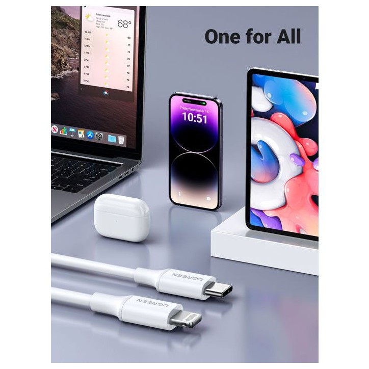 Câble Lightning - UGREEN - Silicone - USB-C - 1 m - Blanc
