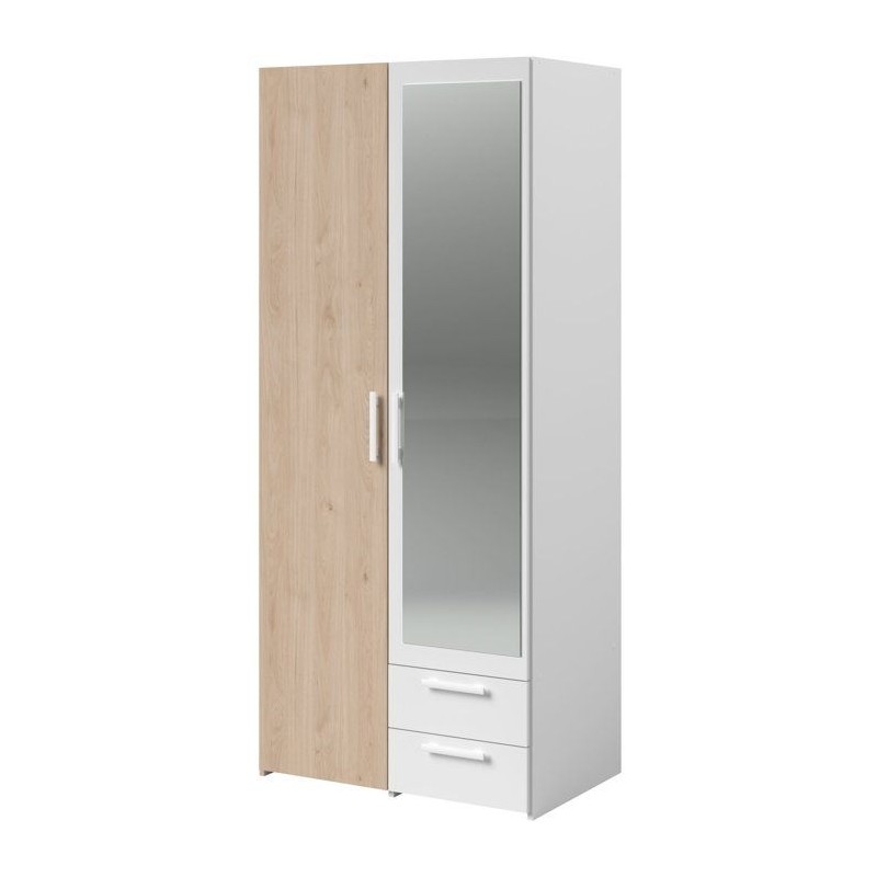 Armoire VARIA - Décor chene et blanc - 2 portes - Miroir - L 80,7 x P