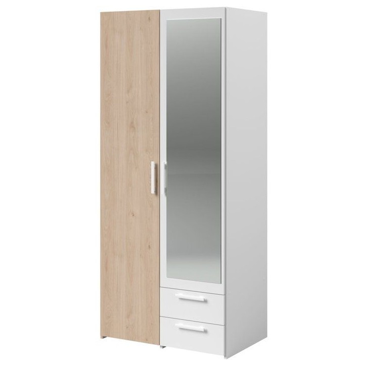 Armoire VARIA - Décor chene et blanc - 2 portes - Miroir - L 80,7 x P 51,7 x H 185 cm - PARISOT