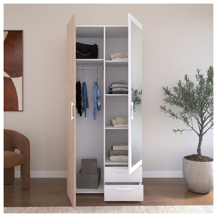 Armoire VARIA - Décor chene et blanc - 2 portes - Miroir - L 80,7 x P 51,7 x H 185 cm - PARISOT