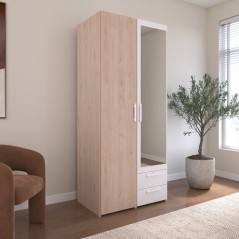 Armoire VARIA - Décor chene et blanc - 2 portes - Miroir - L 80,7 x P