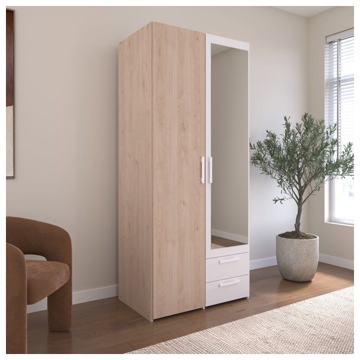 Armoire VARIA - Décor chene et blanc - 2 portes - Miroir - L 80,7 x P 51,7 x H 185 cm - PARISOT