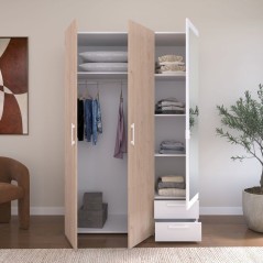 Armoire VARIA - Panneaux de particules revetu papier - Décor chene et blanc - 3 portes - L 120,3 x P 5,7 x H 185 cm