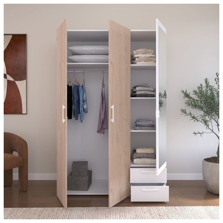 Armoire VARIA - Panneaux de particules revetu papier - Décor chene et blanc - 3 portes - L 120,3 x P 5,7 x H 185 cm Armoire VARIA - Panneaux de particules revetu papier - Décor chene et blanc - 3 portes - L 120,3 x P 5,7 x H 185 cm