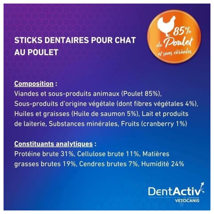DentActiv - 10 Bâtonnets - VETOCANIS - Hygiene Bucco-Dentaire au Poulet pour Chat DentActiv - 10 Bâtonnets - VETOCANIS - Hygiene Bucco-Dentaire au Poulet pour Chat