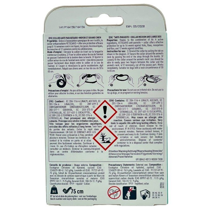 Collier antiparasitaire - VETOCANIS - Moyen et grand chien - 75 cm - Anti-puces - Anti-tiques Collier antiparasitaire - VETOCANIS - Moyen et grand chien - 75 cm - Anti-puces - Anti-tiques