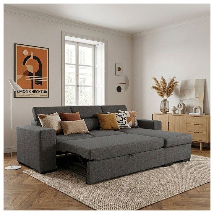 Canapé d'angle convertible réversible - 3/4 places - ACV REV COFFRE -tissu anthracite - L237xP167xH88- VICOMTE Canapé d'angle convertible réversible - 3/4 places - ACV REV COFFRE -tissu anthracite - L237xP167xH88- VICOMTE