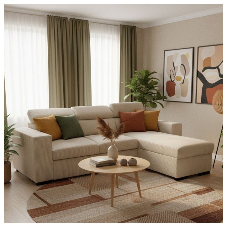 Canapé d'angle convertible réversible - 4 places - VICOMTE - Velours côtelé Beige - Coffre - 237 x 167 x 88 cm Canapé d'angle convertible réversible - 4 places - VICOMTE - Velours côtelé Beige - Coffre - 237 x 167 x 88 cm