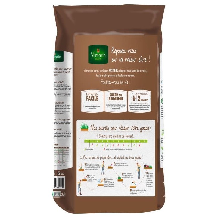 Semences de gazon VILMORIN - Rustique sac de 5KG - Pérenne, dense, robuste et esthétique Semences de gazon VILMORIN - Rustique sac de 5KG - Pérenne, dense, robuste et esthétique