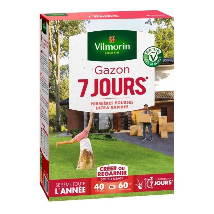 Semences de gazon VILMORIN - 7 jours - boite de 1KG - Premieres pousses ultra-rapides
