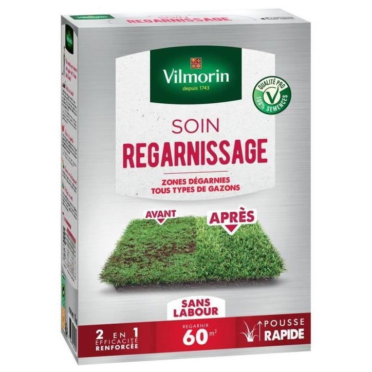 Semences de gazon VILMORIN - Soins regarnissage universel 2 en 1 boite de 1kg - Repousse tres rapide Semences de gazon VILMORIN - Soins regarnissage universel 2 en 1 boite de 1kg - Repousse tres rapide