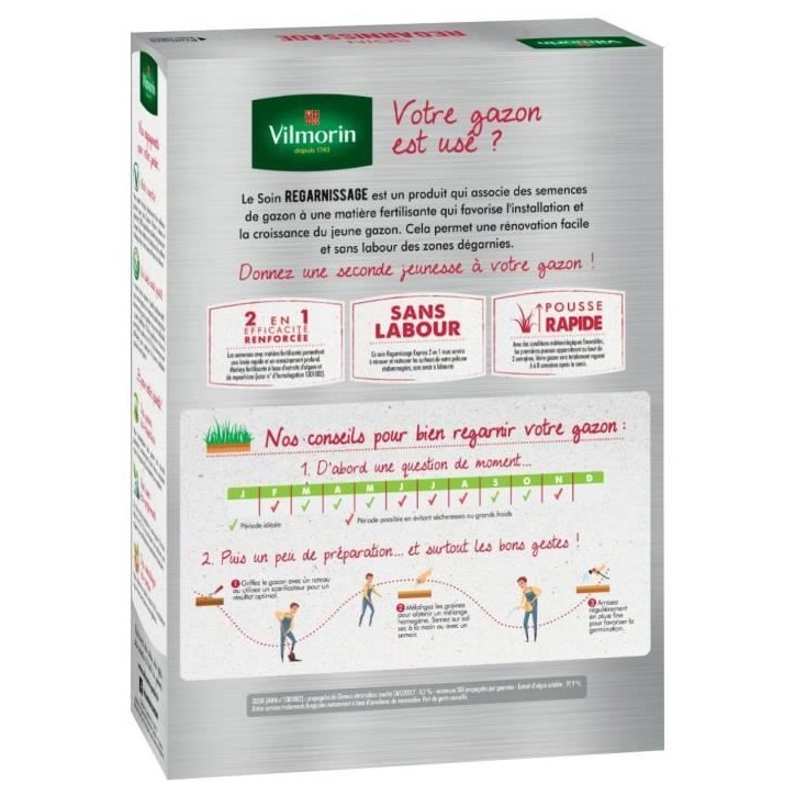 Semences de gazon VILMORIN - Soins regarnissage universel 2 en 1 boite de 1kg - Repousse tres rapide Semences de gazon VILMORIN - Soins regarnissage universel 2 en 1 boite de 1kg - Repousse tres rapide