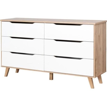 Commode VANKKA 6 tiroirs - Décor chene et blanc - Scandinave - L 154