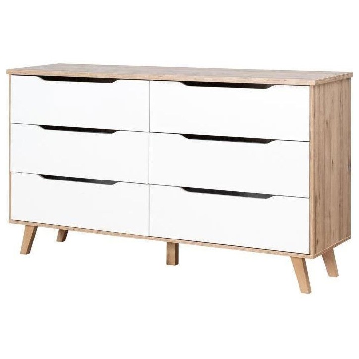 Commode VANKKA 6 tiroirs - Décor chene et blanc - Scandinave - L 154 x P 42 x H 86 cm Commode VANKKA 6 tiroirs - Décor chene et blanc - Scandinave - L 154 x P 42 x H 86 cm