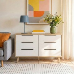 Commode VANKKA 6 tiroirs - Décor chene et blanc - Scandinave - L 154 x P 42 x H 86 cm