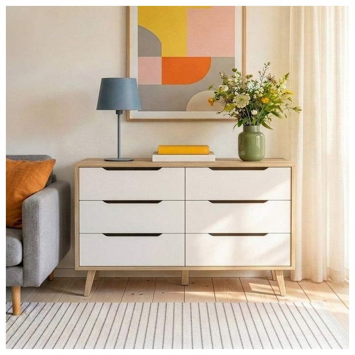 Commode VANKKA 6 tiroirs - Décor chene et blanc - Scandinave - L 154 x P 42 x H 86 cm Commode VANKKA 6 tiroirs - Décor chene et blanc - Scandinave - L 154 x P 42 x H 86 cm