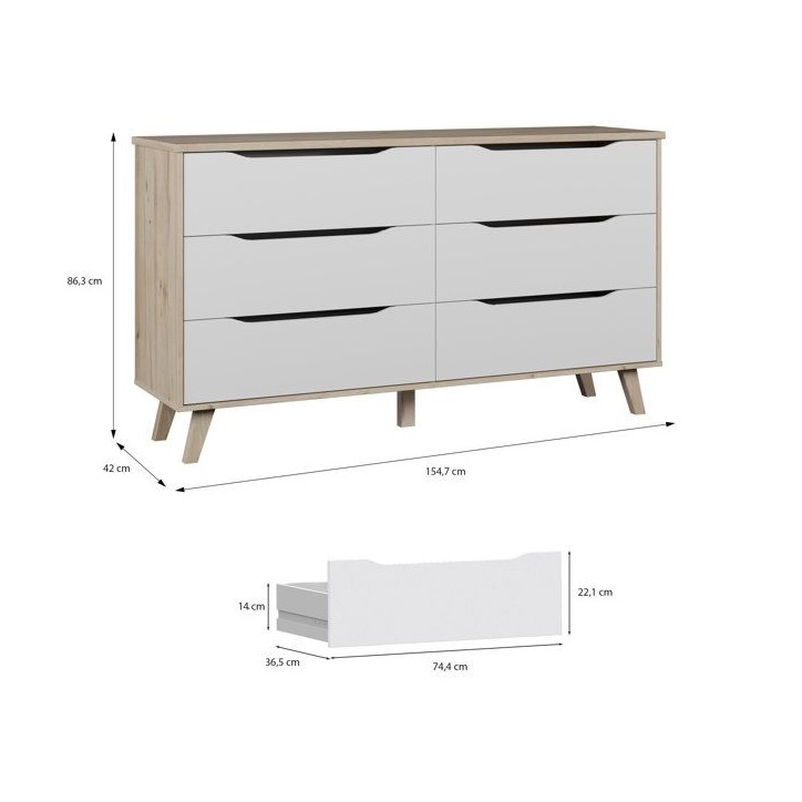 Commode VANKKA 6 tiroirs - Décor chene et blanc - Scandinave - L 154 x P 42 x H 86 cm Commode VANKKA 6 tiroirs - Décor chene et blanc - Scandinave - L 154 x P 42 x H 86 cm