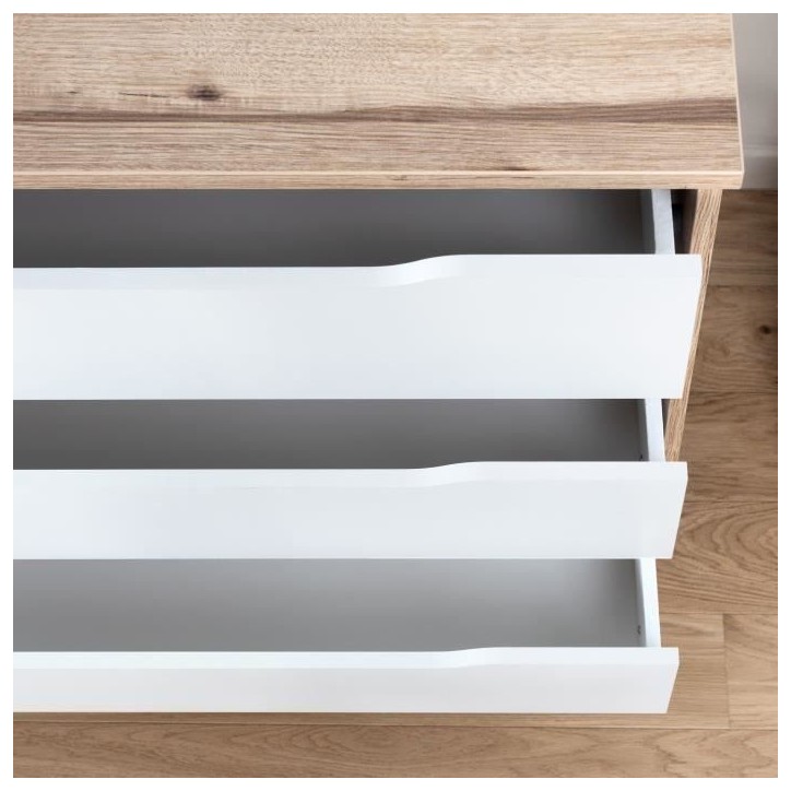 Commode VANKKA 6 tiroirs - Décor chene et blanc - Scandinave - L 154 x P 42 x H 86 cm Commode VANKKA 6 tiroirs - Décor chene et blanc - Scandinave - L 154 x P 42 x H 86 cm