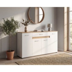 Buffet VOLOS - Blanc & Chene Artisan - 4 portes, 1 tiroir - 160 x 37,5