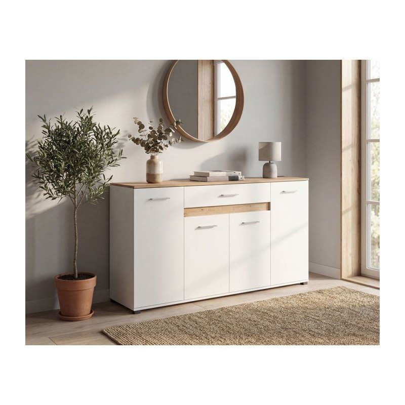 Buffet VOLOS - Blanc & Chene Artisan - 4 portes, 1 tiroir - 160 x 37,5