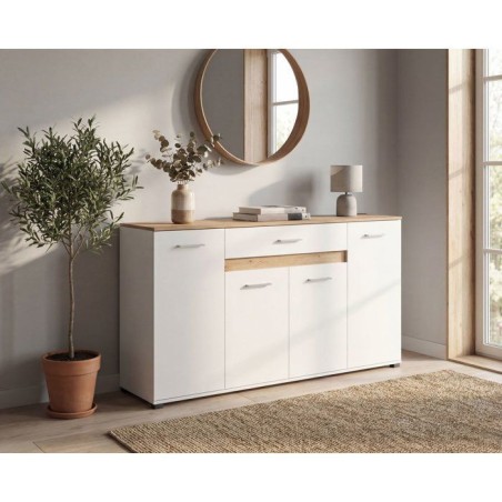 Buffet VOLOS - Blanc & Chene Artisan - 4 portes, 1 tiroir - 160 x 37,5