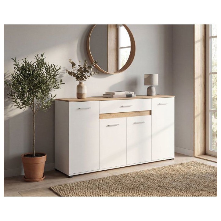 Buffet VOLOS - Blanc & Chene Artisan - 4 portes, 1 tiroir - 160 x 37,5 x 90 cm Buffet VOLOS - Blanc & Chene Artisan - 4 portes, 1 tiroir - 160 x 37,5 x 90 cm