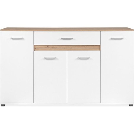 Buffet VOLOS - Blanc & Chene Artisan - 4 portes, 1 tiroir - 160 x 37,5 x 90 cm