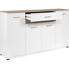 Buffet VOLOS - Blanc & Chene Artisan - 4 portes, 1 tiroir - 160 x 37,5