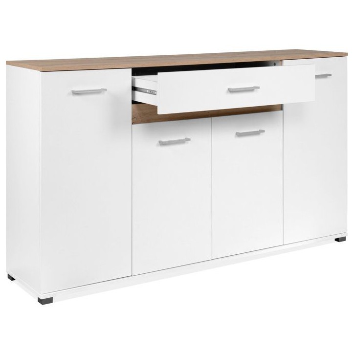 Buffet VOLOS - Blanc & Chene Artisan - 4 portes, 1 tiroir - 160 x 37,5 x 90 cm Buffet VOLOS - Blanc & Chene Artisan - 4 portes, 1 tiroir - 160 x 37,5 x 90 cm