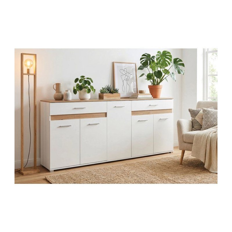Buffet VOLOS - Blanc & Chene Artisan - 5 portes, 2 tiroirs - 200 x 38