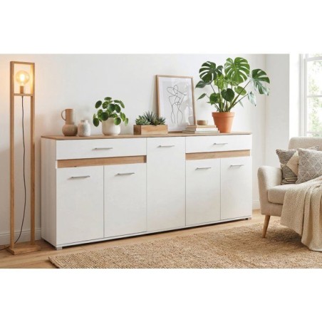 Buffet VOLOS - Blanc & Chene Artisan - 5 portes, 2 tiroirs - 200 x 38