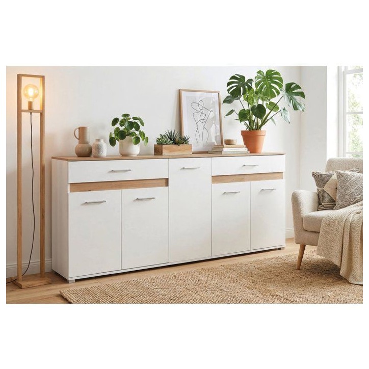 Buffet VOLOS - Blanc & Chene Artisan - 5 portes, 2 tiroirs - 200 x 38 x 90 cm Buffet VOLOS - Blanc & Chene Artisan - 5 portes, 2 tiroirs - 200 x 38 x 90 cm