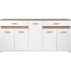 Buffet VOLOS - Blanc & Chene Artisan - 5 portes, 2 tiroirs - 200 x 38 x 90 cm