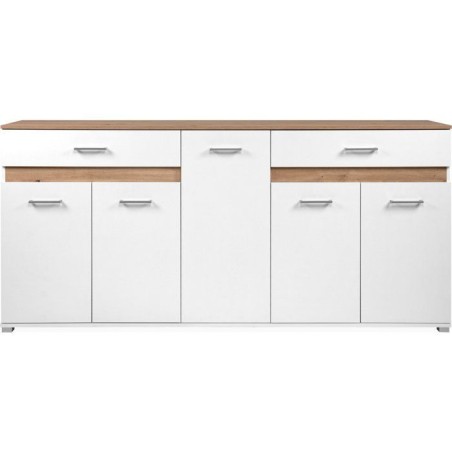 Buffet VOLOS - Blanc & Chene Artisan - 5 portes, 2 tiroirs - 200 x 38 x 90 cm