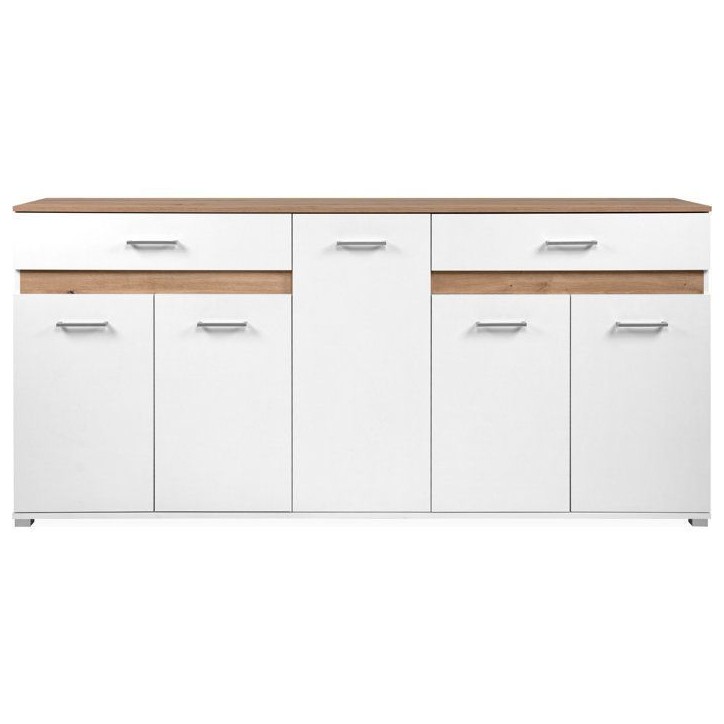 Buffet VOLOS - Blanc & Chene Artisan - 5 portes, 2 tiroirs - 200 x 38 x 90 cm Buffet VOLOS - Blanc & Chene Artisan - 5 portes, 2 tiroirs - 200 x 38 x 90 cm