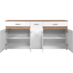 Buffet VOLOS - Blanc & Chene Artisan - 5 portes, 2 tiroirs - 200 x 38