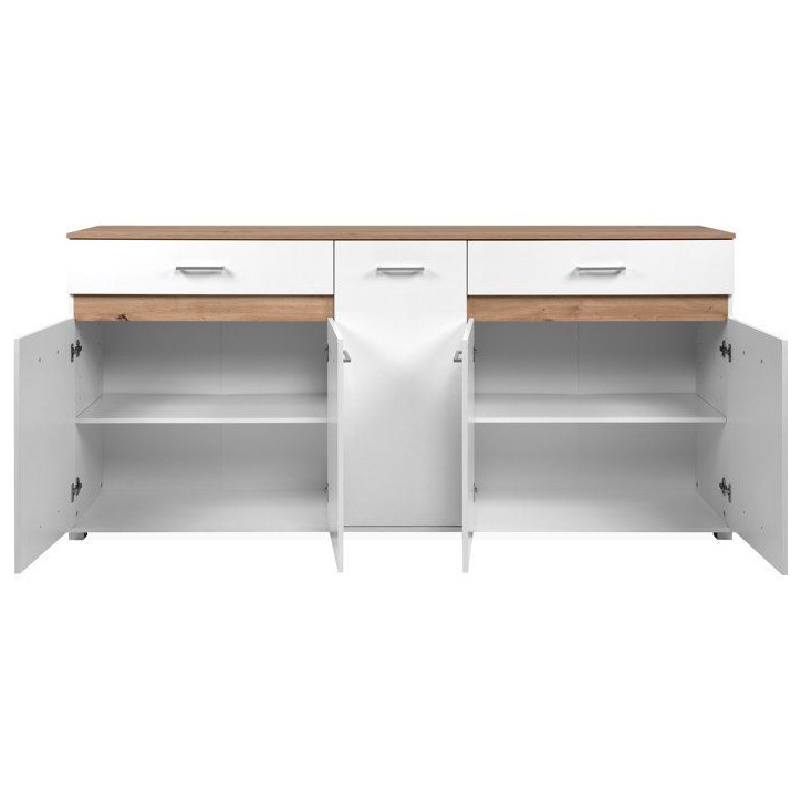 Buffet VOLOS - Blanc & Chene Artisan - 5 portes, 2 tiroirs - 200 x 38 x 90 cm Buffet VOLOS - Blanc & Chene Artisan - 5 portes, 2 tiroirs - 200 x 38 x 90 cm