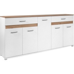 Buffet VOLOS - Blanc & Chene Artisan - 5 portes, 2 tiroirs - 200 x 38