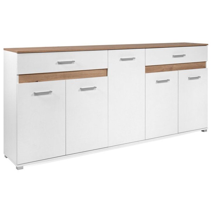 Buffet VOLOS - Blanc & Chene Artisan - 5 portes, 2 tiroirs - 200 x 38 x 90 cm Buffet VOLOS - Blanc & Chene Artisan - 5 portes, 2 tiroirs - 200 x 38 x 90 cm