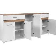 Buffet VOLOS - Blanc & Chene Artisan - 5 portes, 2 tiroirs - 200 x 38