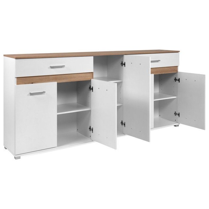 Buffet VOLOS - Blanc & Chene Artisan - 5 portes, 2 tiroirs - 200 x 38 x 90 cm Buffet VOLOS - Blanc & Chene Artisan - 5 portes, 2 tiroirs - 200 x 38 x 90 cm