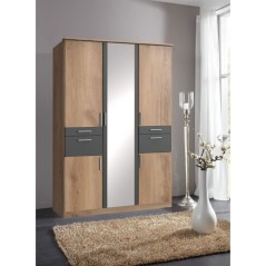 Armoire - 5 portes battantes + 4 tiroirs - Décor Chene - Anthracite + Miroir - L135 x P58 x H199 cm - VOLOS