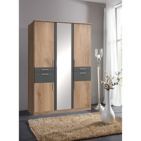 Armoire - 5 portes battantes + 4 tiroirs - Décor Chene - Anthracite + Miroir - L135 x P58 x H199 cm - VOLOS