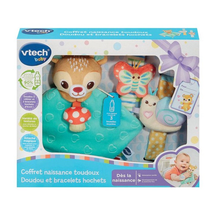 VTECH BABY - COFFRET NAISSANCE TOUDOUX - DOUDOU ET BRACELETS HOCHETS (BOUTEILLES PLASTIQUE RECYCLÉES) - Multicolore VTECH BABY - COFFRET NAISSANCE TOUDOUX - DOUDOU ET BRACELETS HOCHETS (BOUTEILLES PLASTIQUE RECYCLÉES) - Multicolore