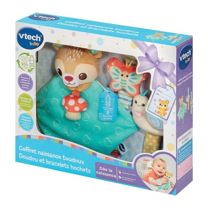 VTECH BABY - COFFRET NAISSANCE TOUDOUX - DOUDOU ET BRACELETS HOCHETS (BOUTEILLES PLASTIQUE RECYCLÉES) - Multicolore VTECH BABY - COFFRET NAISSANCE TOUDOUX - DOUDOU ET BRACELETS HOCHETS (BOUTEILLES PLASTIQUE RECYCLÉES) - Multicolore